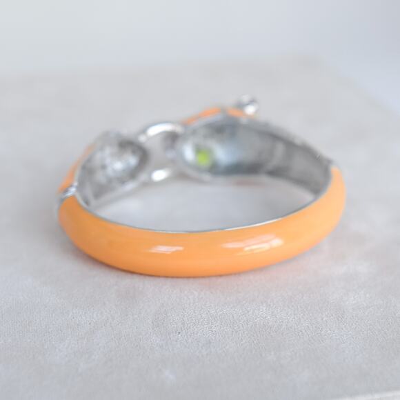 Vintage Noir Yellow Enamel Panther Head Clamper Bracelet Gold Tone Rhinestones - Picture 8 of 10